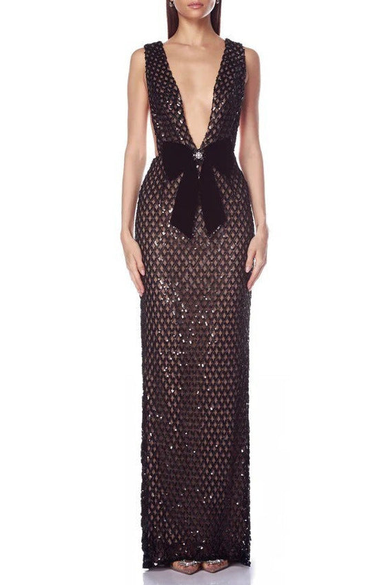 V-NECK SEQUIN MAXI DRESS IN BLACK, REBECCA BOW