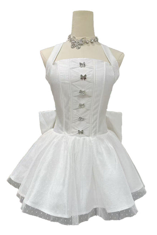 NORA OFF-SHOULDER LACE BOW MINI DRESS WHITE