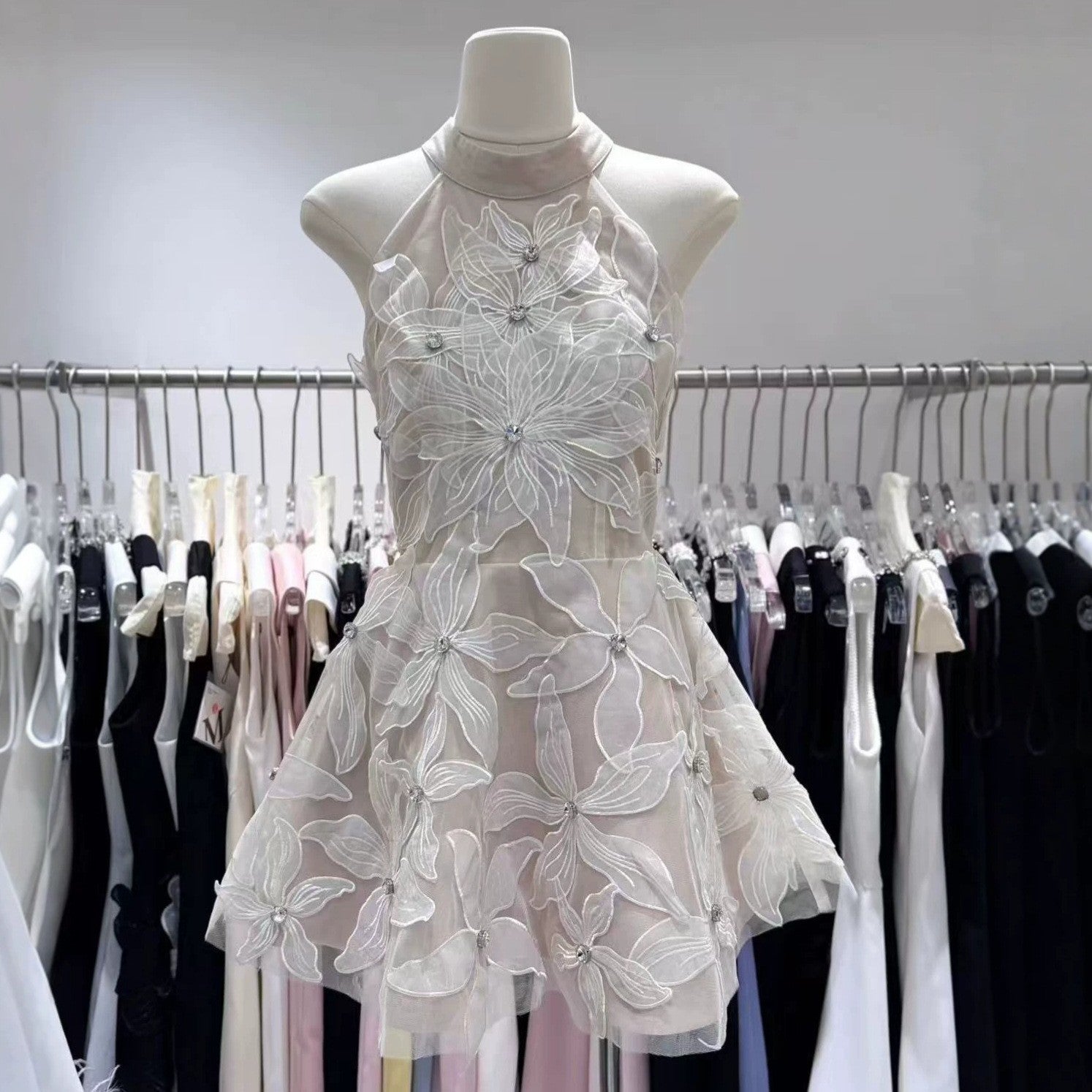 HALTER FLORAL RHINESTONE SHEER MINI DRESS