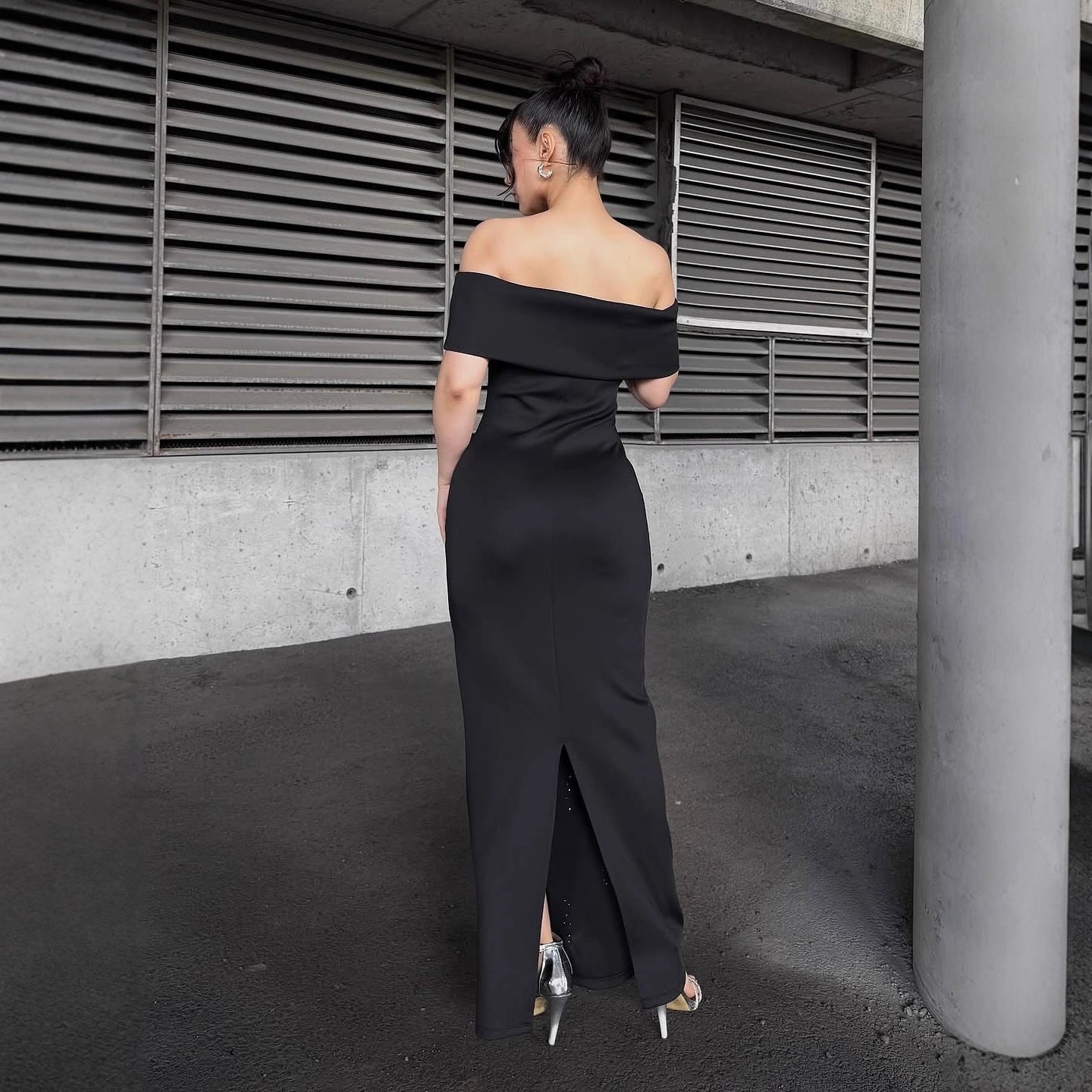LAUREL OFF-SHOULDER RHINESTONE MAXI DRESS BLACK