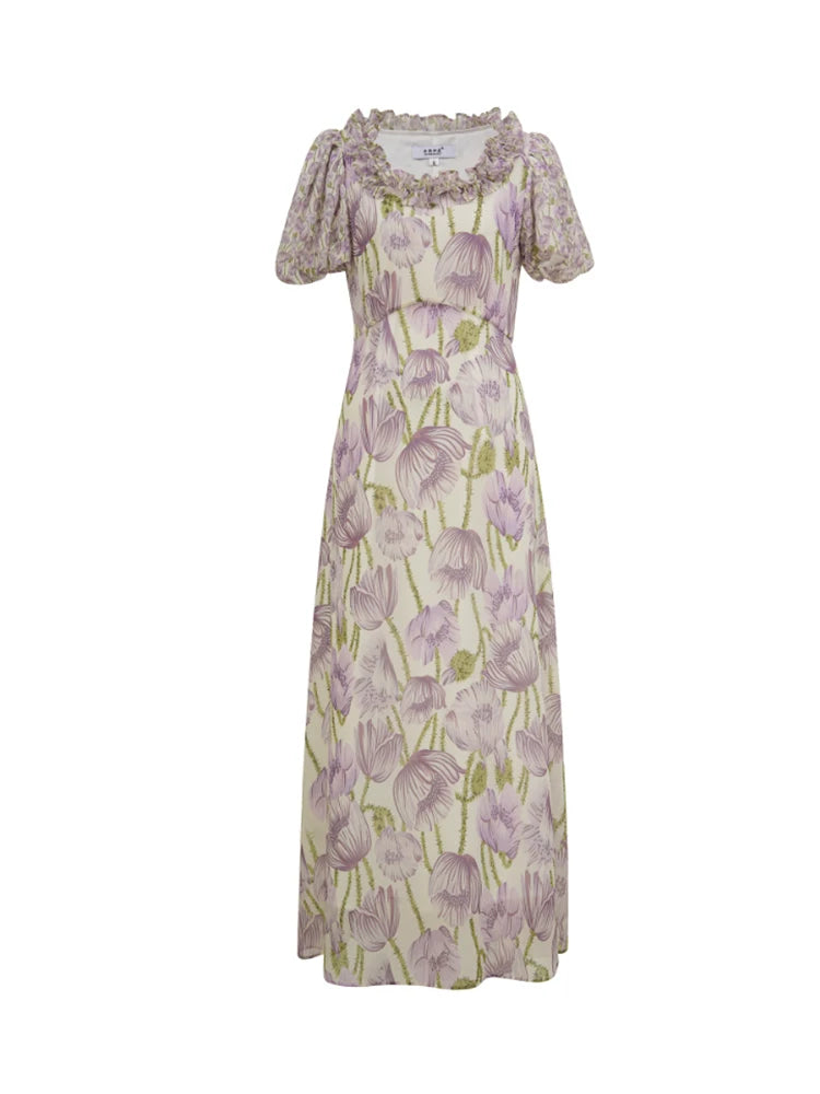 PURPLE FLORAL PUFF SLEEVE MIDI DRESS FOR WEDDING
