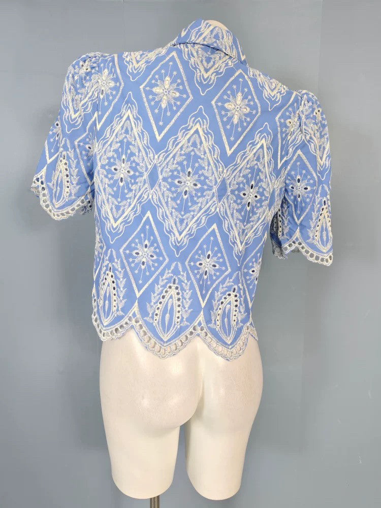 BLUE WHITE EMBROIDERED PUFF SLEEVE LACE BLOUSE