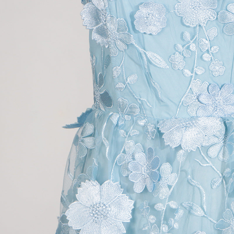 SELENE 3D FLOWER TIERED MAXI DRESS BLUE