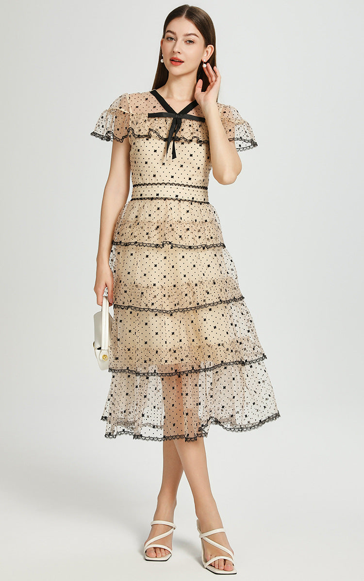 FLORAL EMBROIDERY PLEATED MESH MIDI DRESS APRICOT