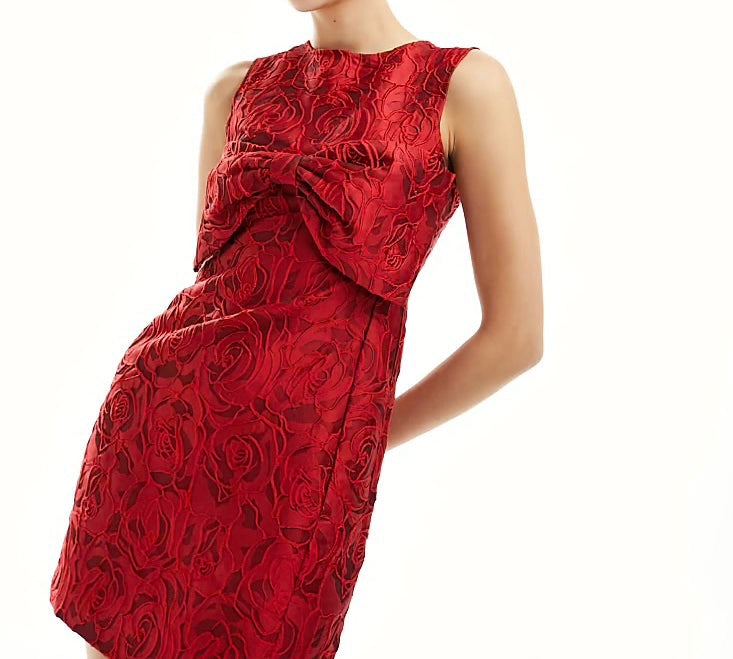 BURGUNDY BOW JACQUARD MINI PARTY DRESS