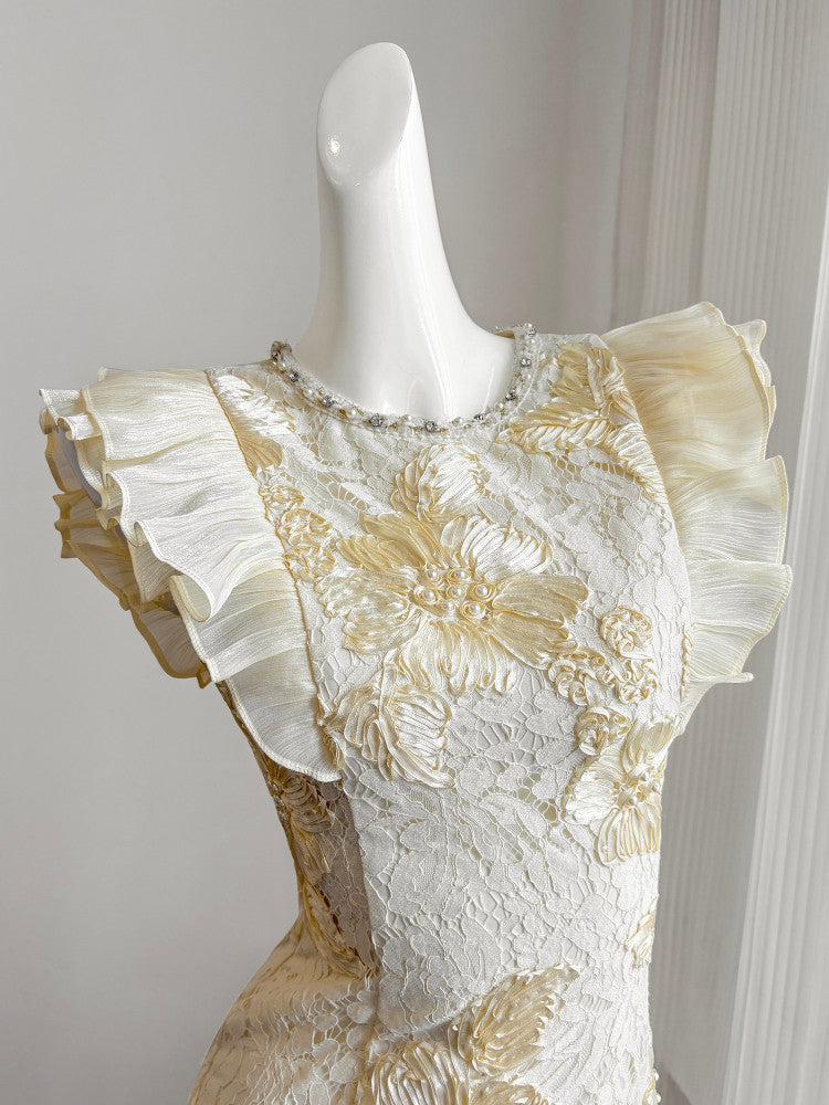 CREAM LACE MAXI DRESS WITH RUFFLED SLEEVES