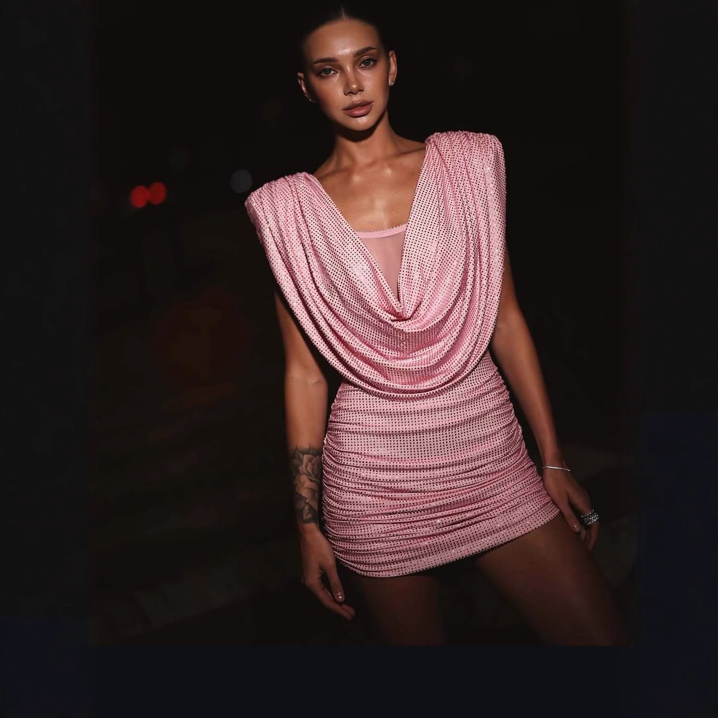 SHINY RHINESTONE PLEATED MINI DRESS PINK