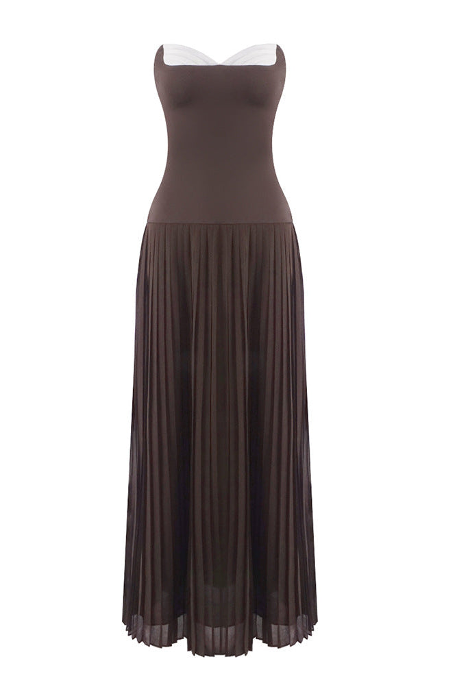 NELLY STRAPLESS BROWN PLEATED MAXI DRESS