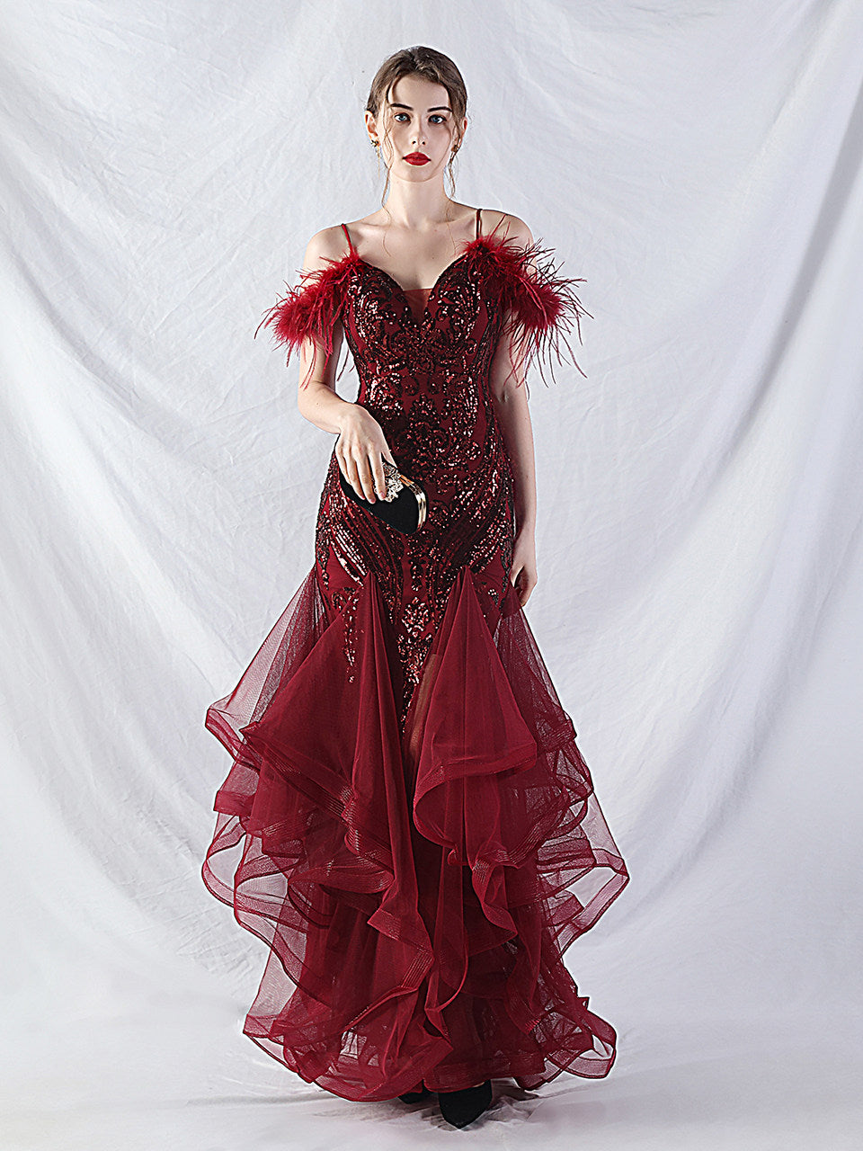FEATHER SEQUIN STRAPLESS TULLE MAXI DRESS