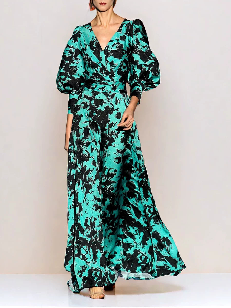 O1CN01Z6xtE41SvZTYBnlcM__277952309 GREEN SATIN LANTERN SLEEVE V-NECK DRESS FOR WEDDING