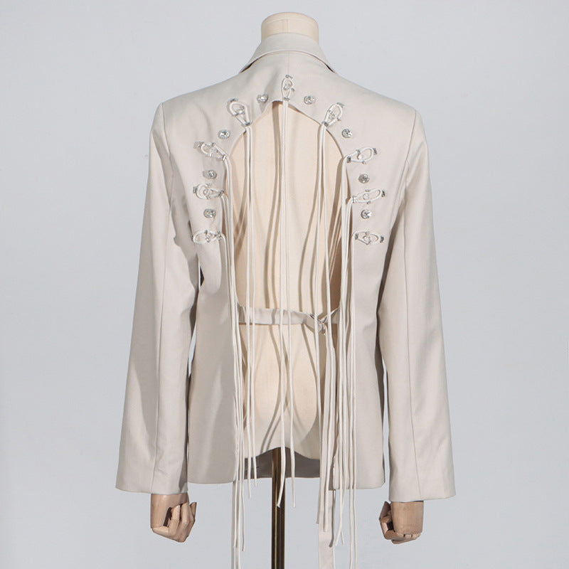 VIENNA CUTOUT BACKLESS FRINGE BLAZER APRICOT