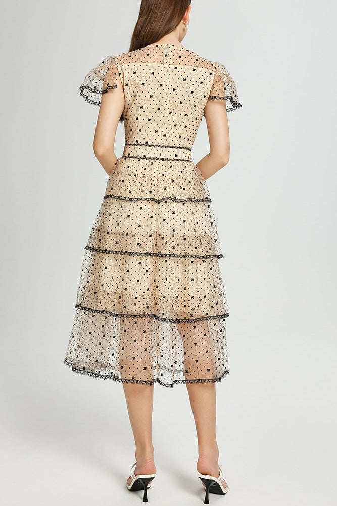 FLORAL EMBROIDERY PLEATED MESH MIDI DRESS APRICOT