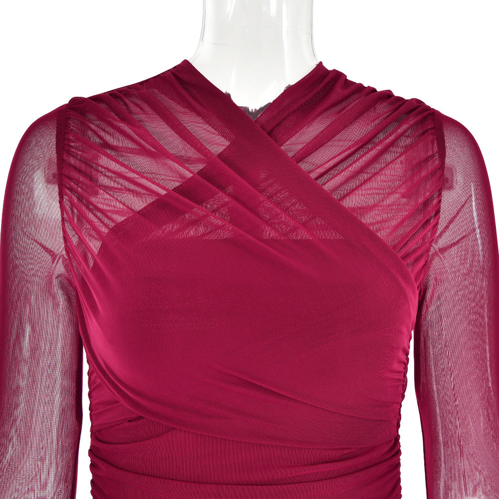 LONG SLEEVE RUCHED MESH WINE COCKTAIL DRESS