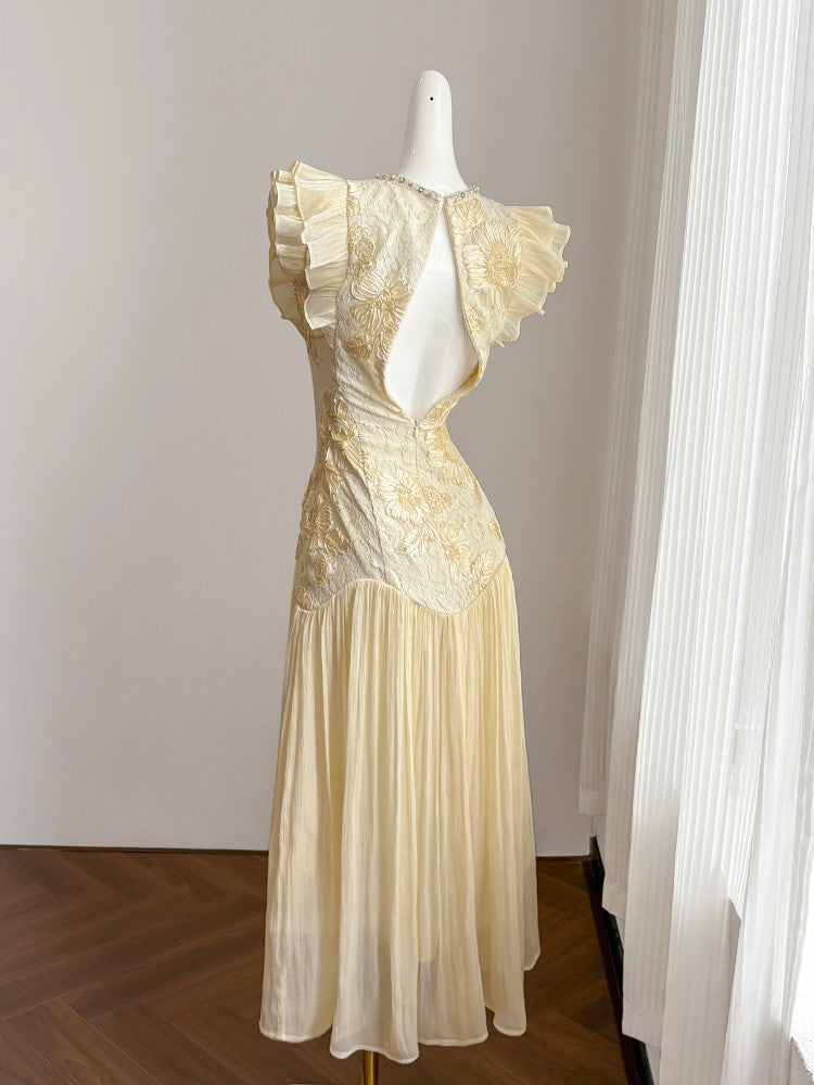 CREAM LACE MAXI DRESS WITH RUFFLED SLEEVES