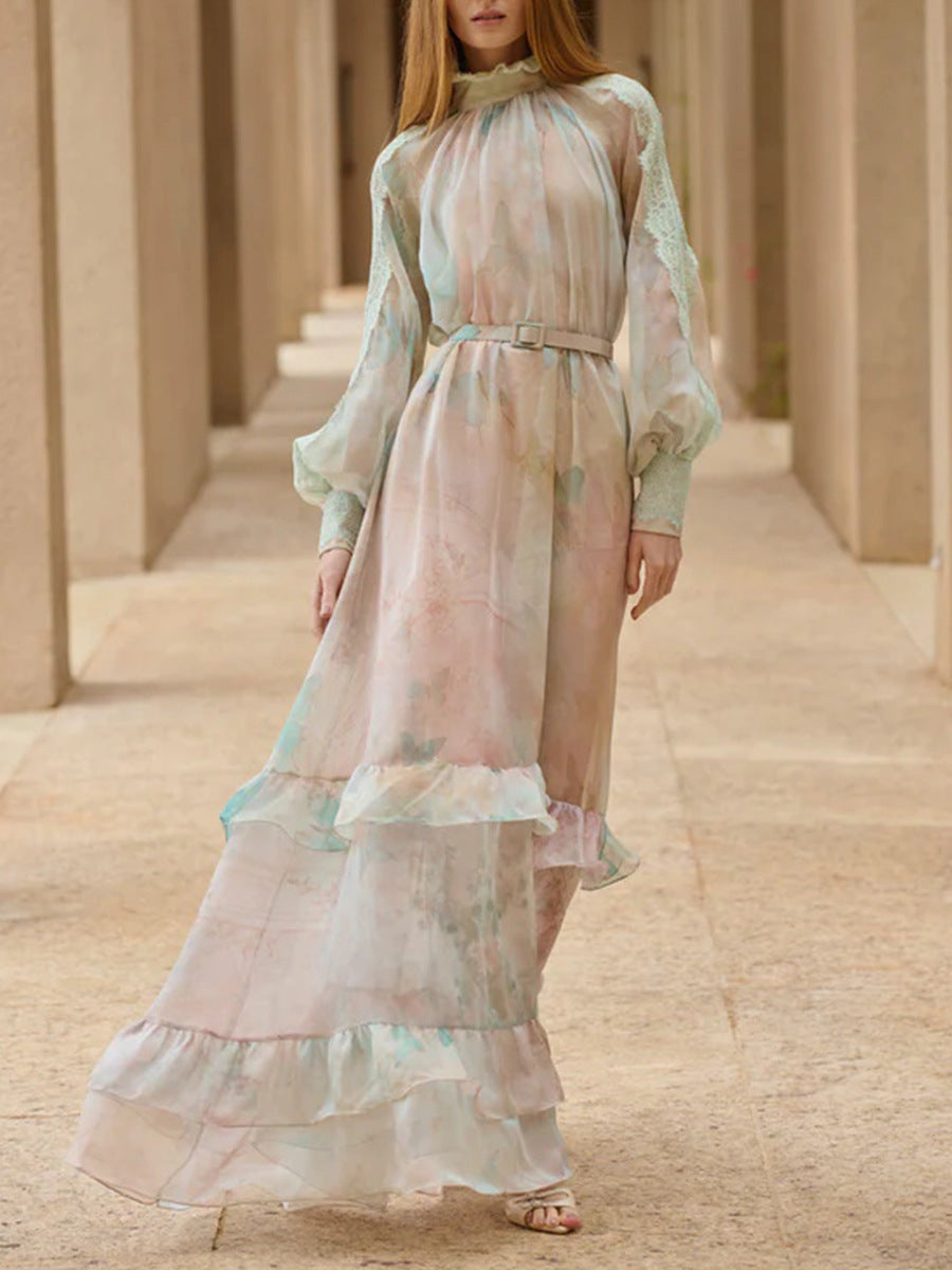 OLGA FLORAL LANTERN SLEEVE SHEER MAXI DRESS