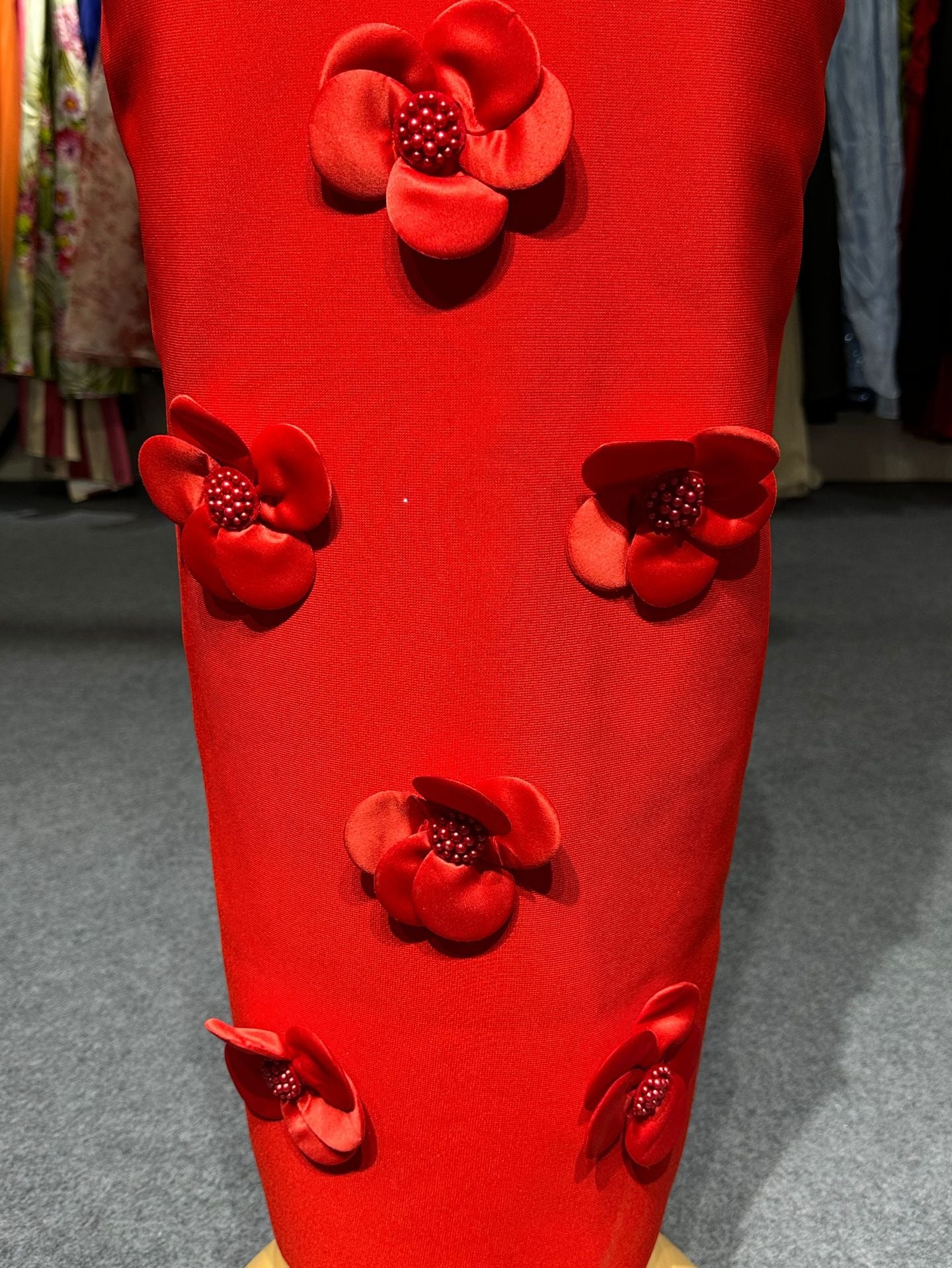 PHOENIX 3D FLOWER SEQUIN HALTER MAXI DRESS, RED