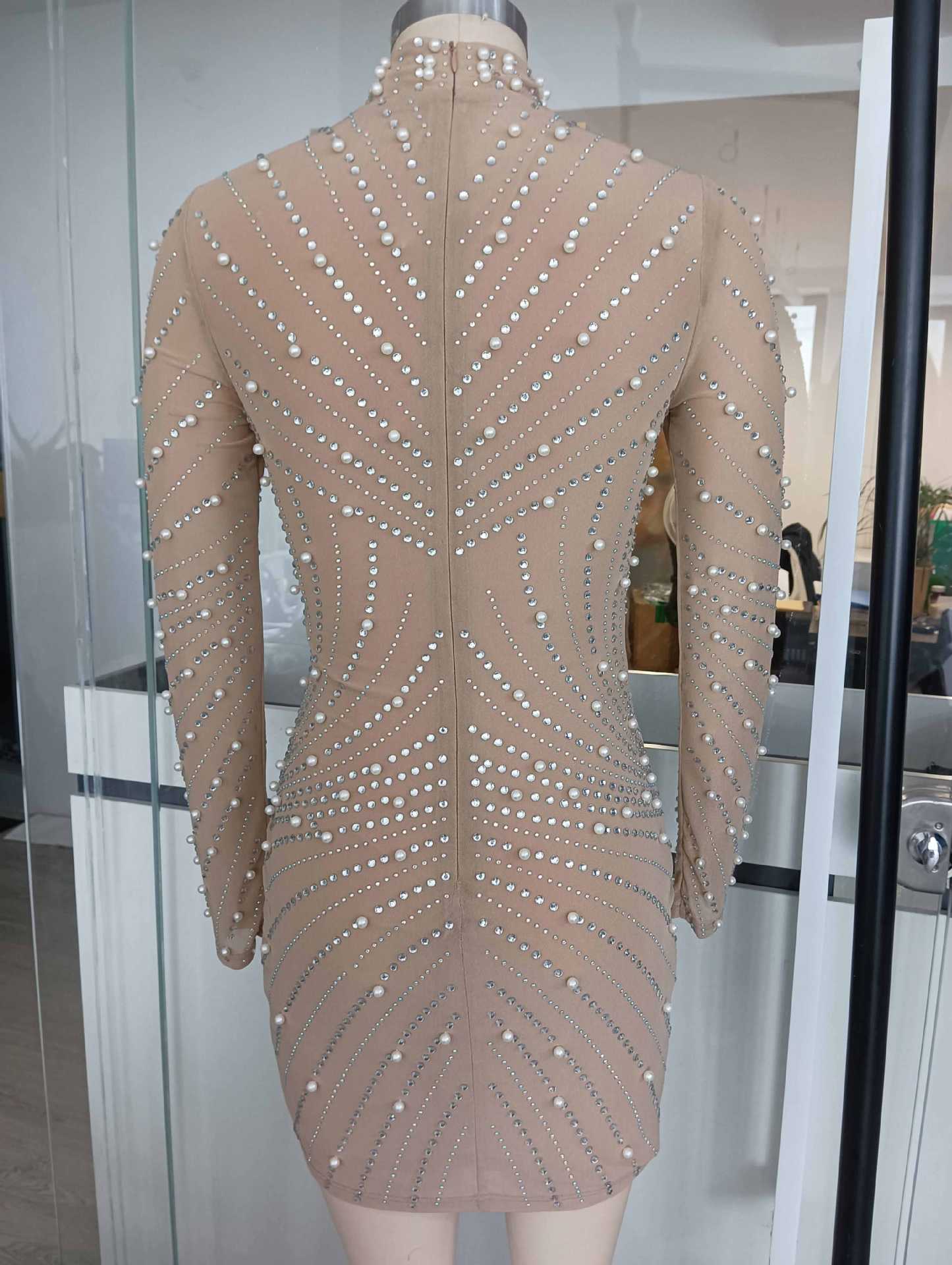KHAKI RHINESTONE MESH PEARL HIP-WRAP MINI DRESS
