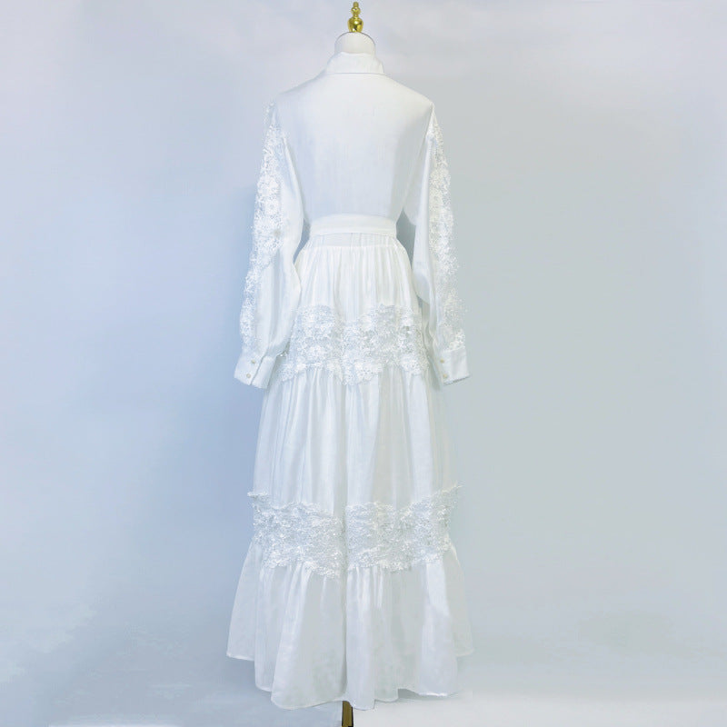 HOLLOW LACE MIDI DRESS WITH FLAPPED SPLICING IN WHITE