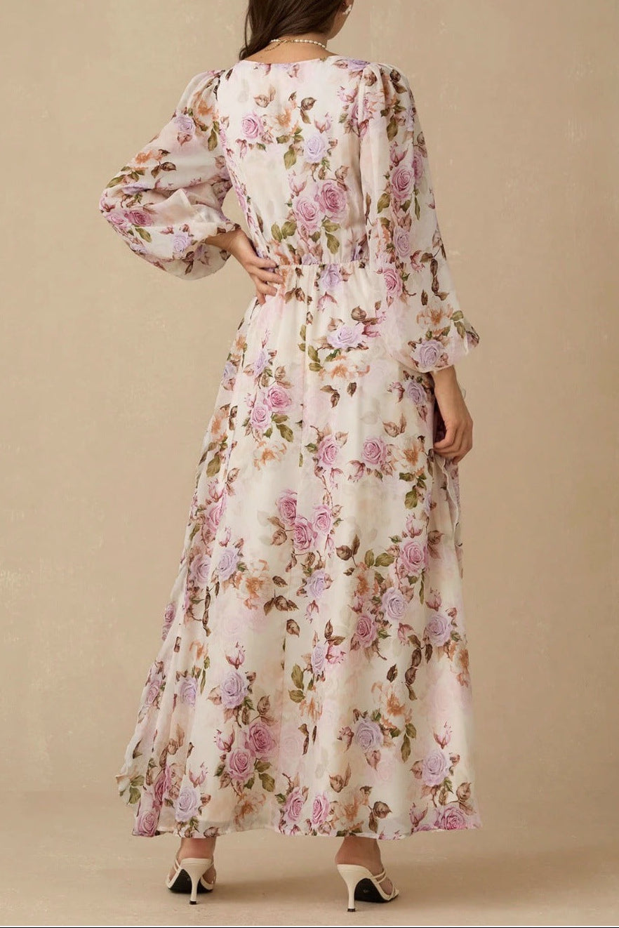 VICTORIA FLORAL V-NECK PUFF SLEEVE MAXI DRESS