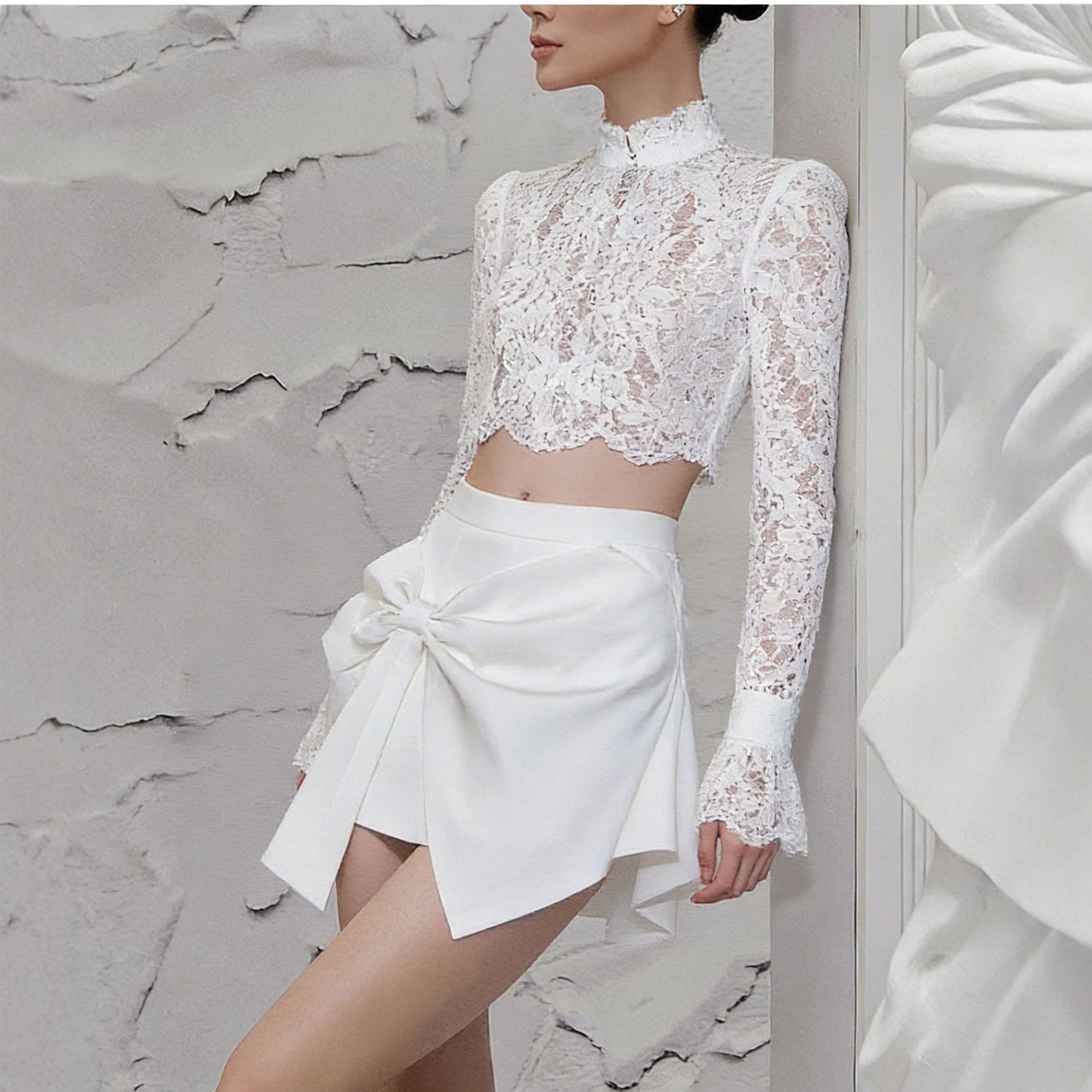 LACE STAND COLLAR LONG SLEEVE BOW SKIRT
