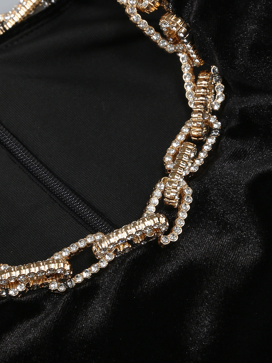 VELVET CRYSTAL MAXI DRESS BLACK FORMAL