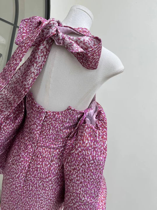 JACQUARD ROSE PINK HALTER MINI DRESS