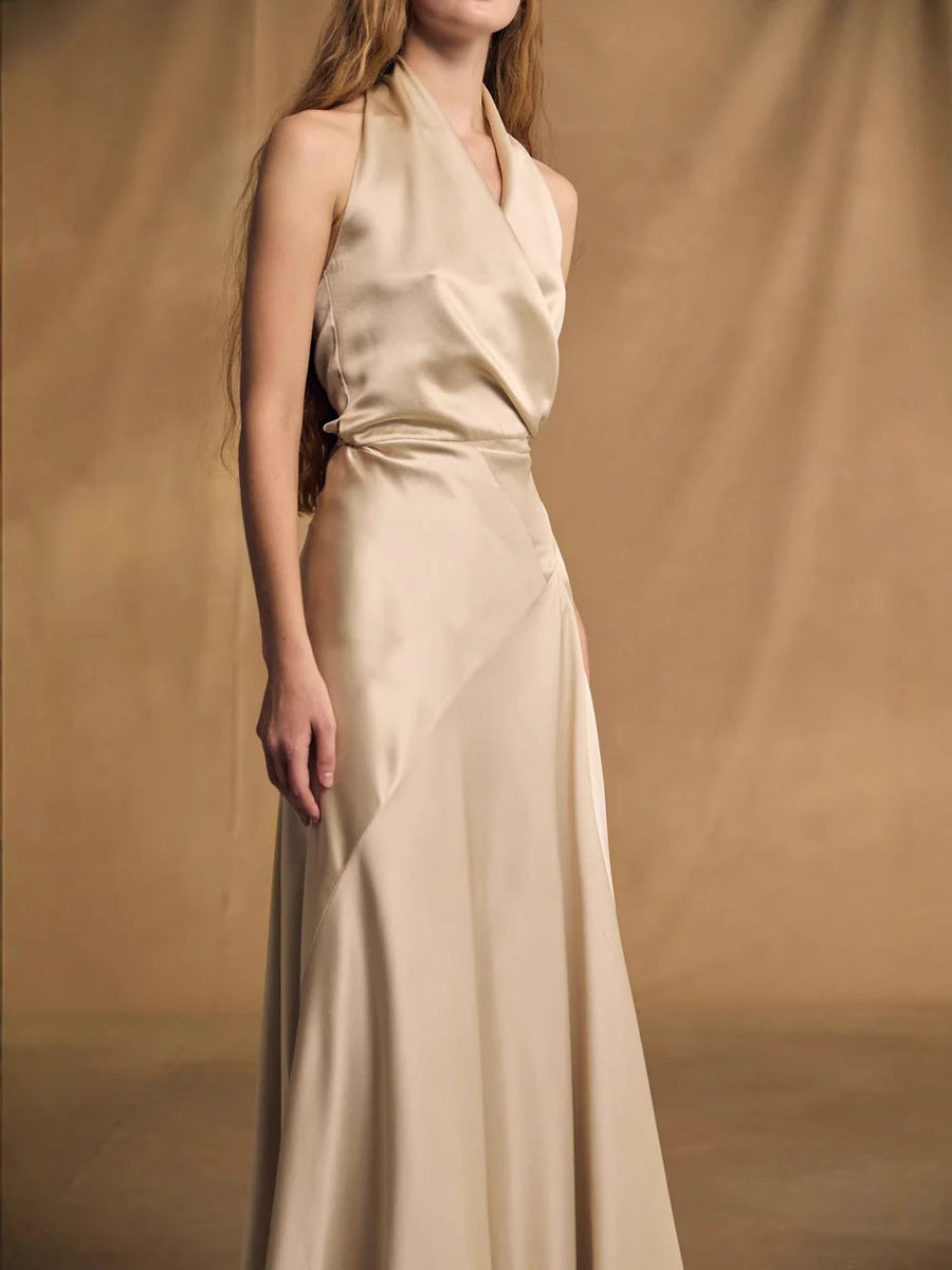 KAY CHAMPAGNE SATIN HALTER MAXI DRESS