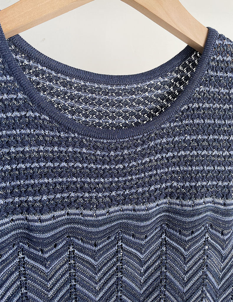HOLLOW STRIPED SLEEVELESS KNIT MIDI DRESS, ROYAL BLUE