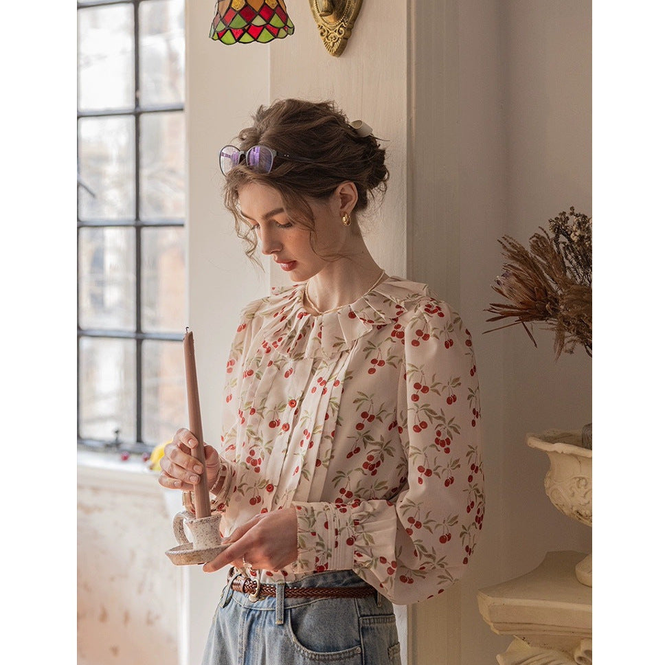 SILK CREPE COLLAR LANTERN SLEEVE TOP