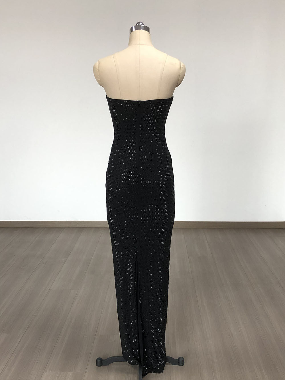 STRAPLESS BLACK RHINESTONE MAXI DRESS FOR EVENTS