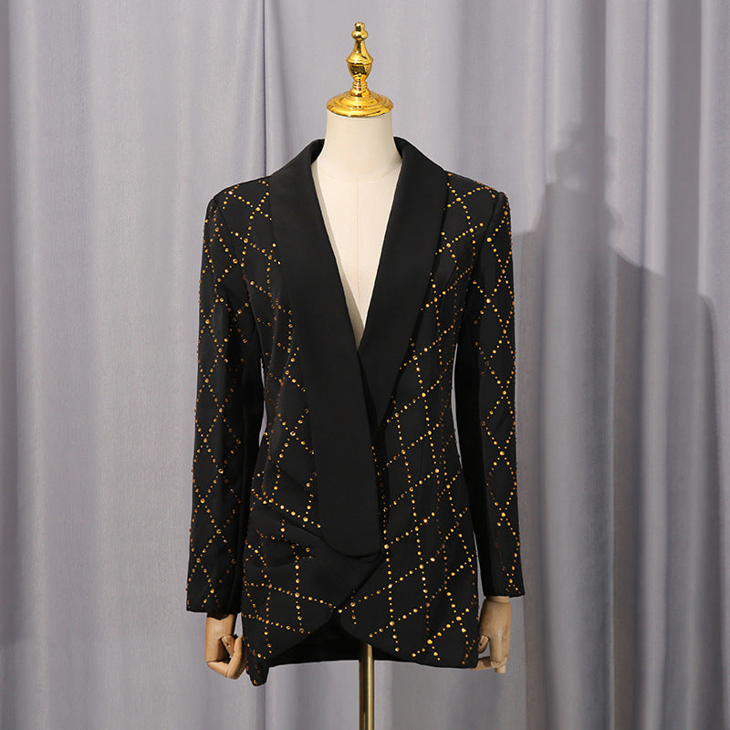 ADELAIDE BLACK RHINESTONE BLAZER FOLDED COLLAR PARTY