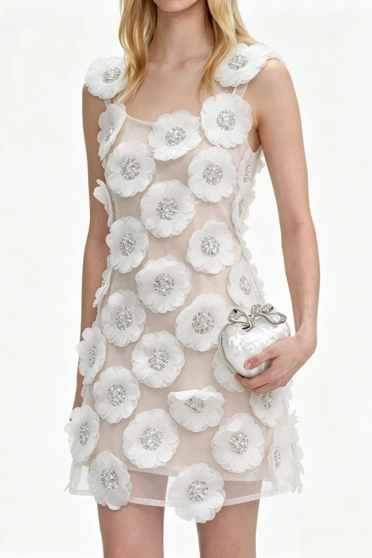 LOLA RHINESTONE 3D FLOWER MINI DRESS - WHITE