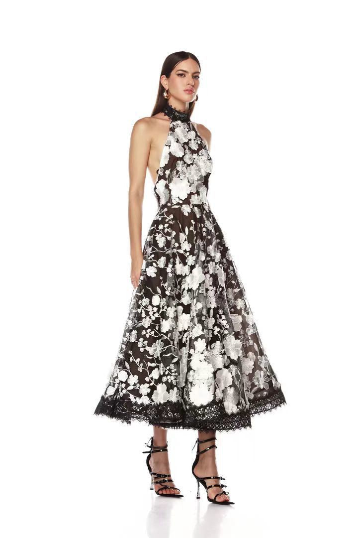 ALYSSA BLACK HALTER FLORAL EMBROIDERED MIDI DRESS