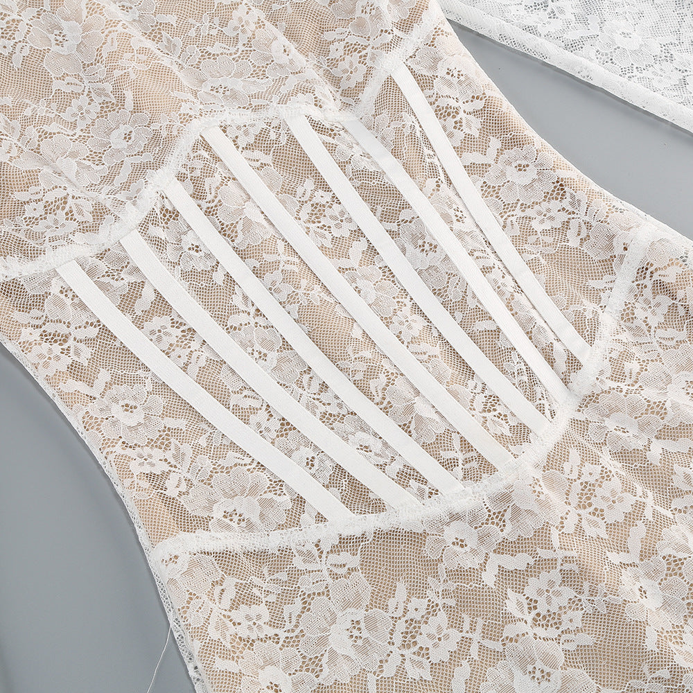 LACE JACQUARD FISHBONE BODYCON WHITE MINI DRESS
