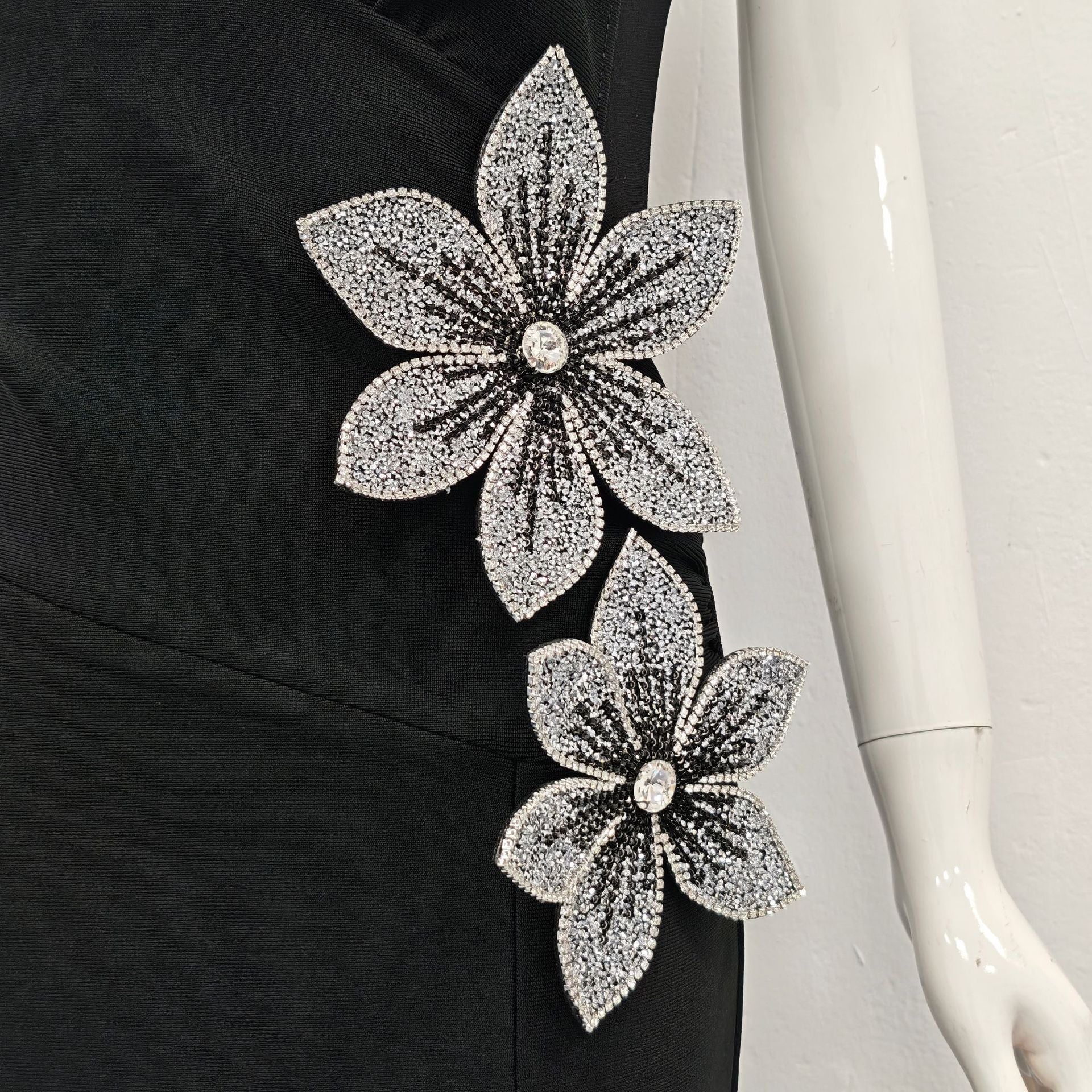 RITA BLACK RHINESTONE FLORAL BODYCON MAXI DRESS