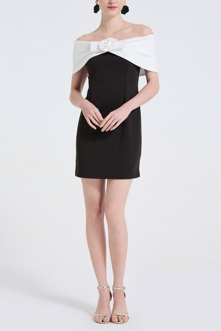 SANDRA OFF-SHOULDER 3D FLOWER MINI DRESS BLACK