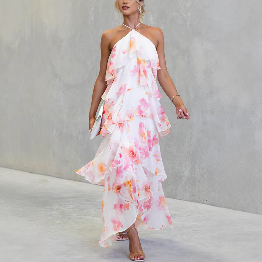 FLORAL RUFFLE HALTER MIDI DRESS - PINK