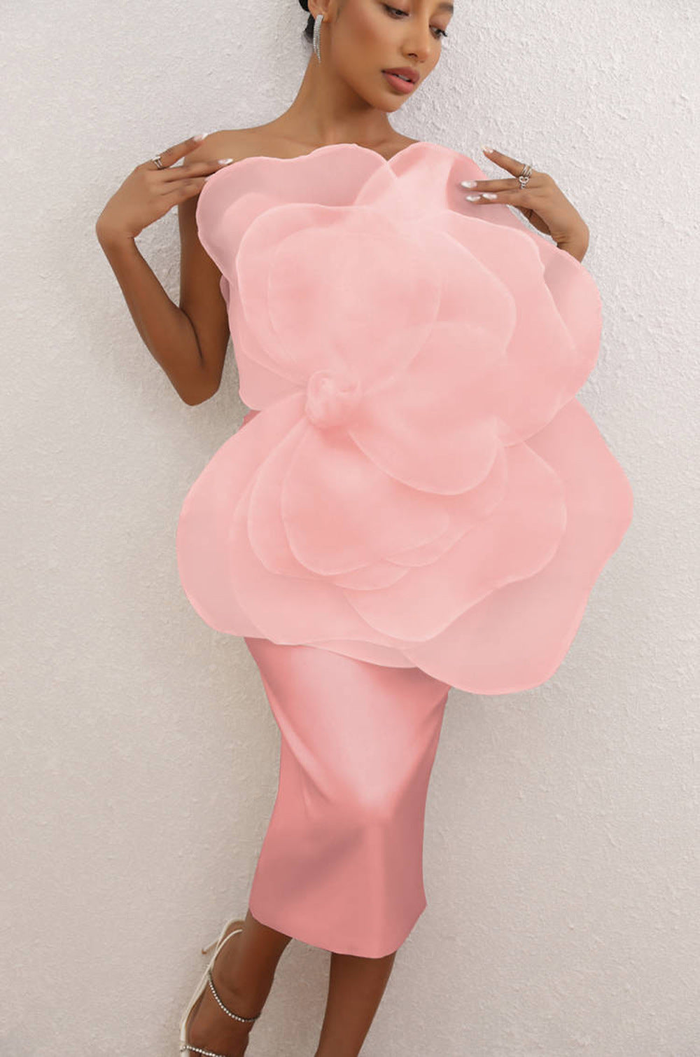 PINK ONE SHOULDER MESH FLOWER MIDI DRESS
