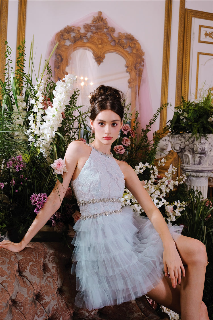 SLEEVELESS HALTER LAYERED PARTY DRESS