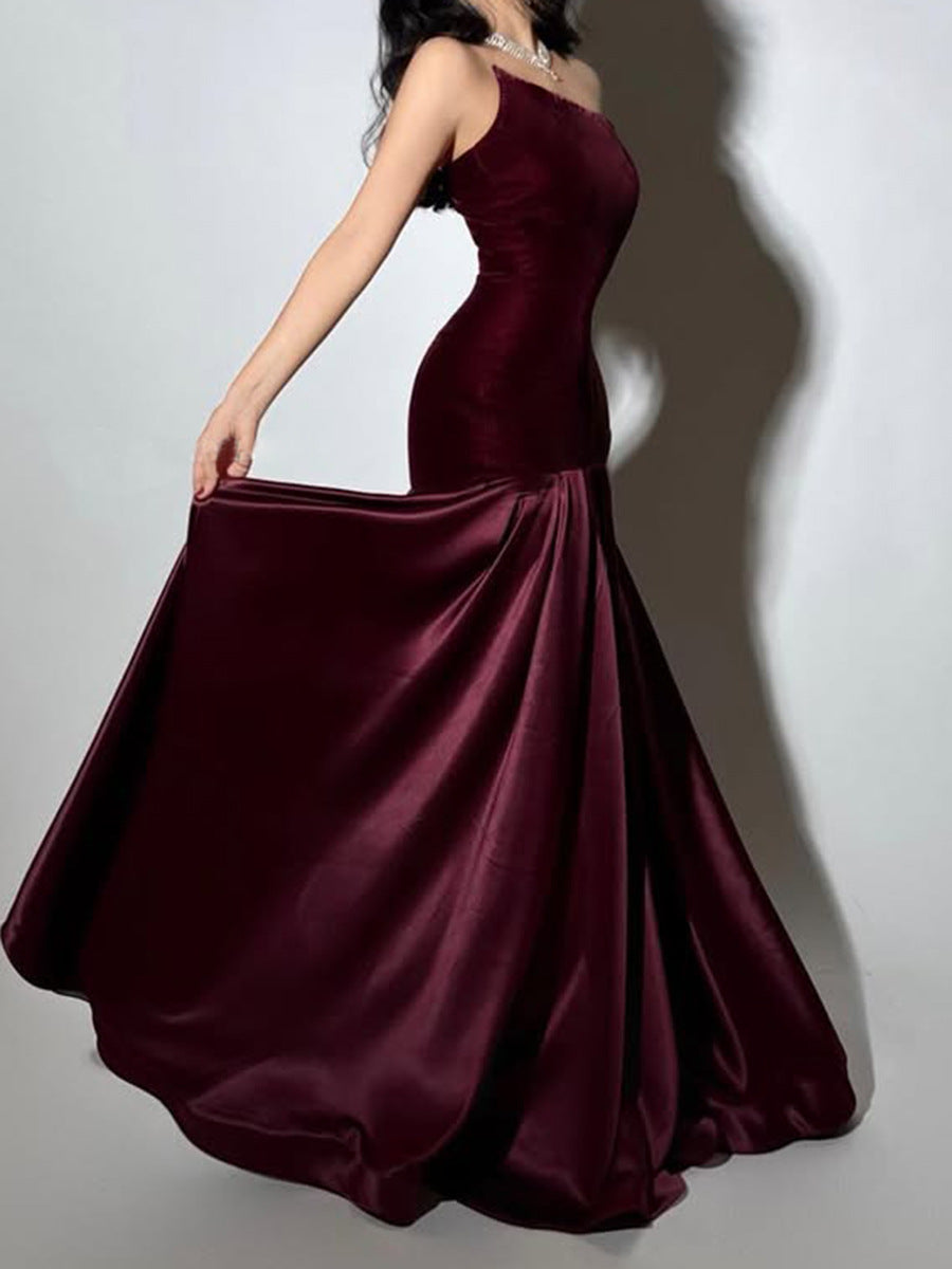 TIFFANY STRAPLESS SPLICING MAXI DRESS - BURGUNDY