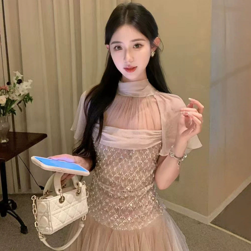 SHEER MESH RHINESTONE TULLE MINI PARTY DRESS