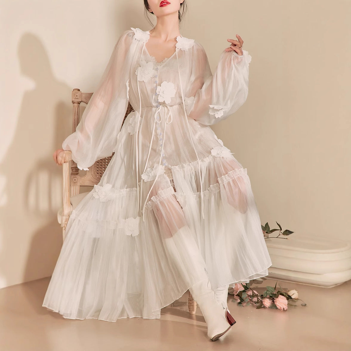 3D FLORAL LACE-UP MAXI DRESS, BOHO WEDDING GUEST