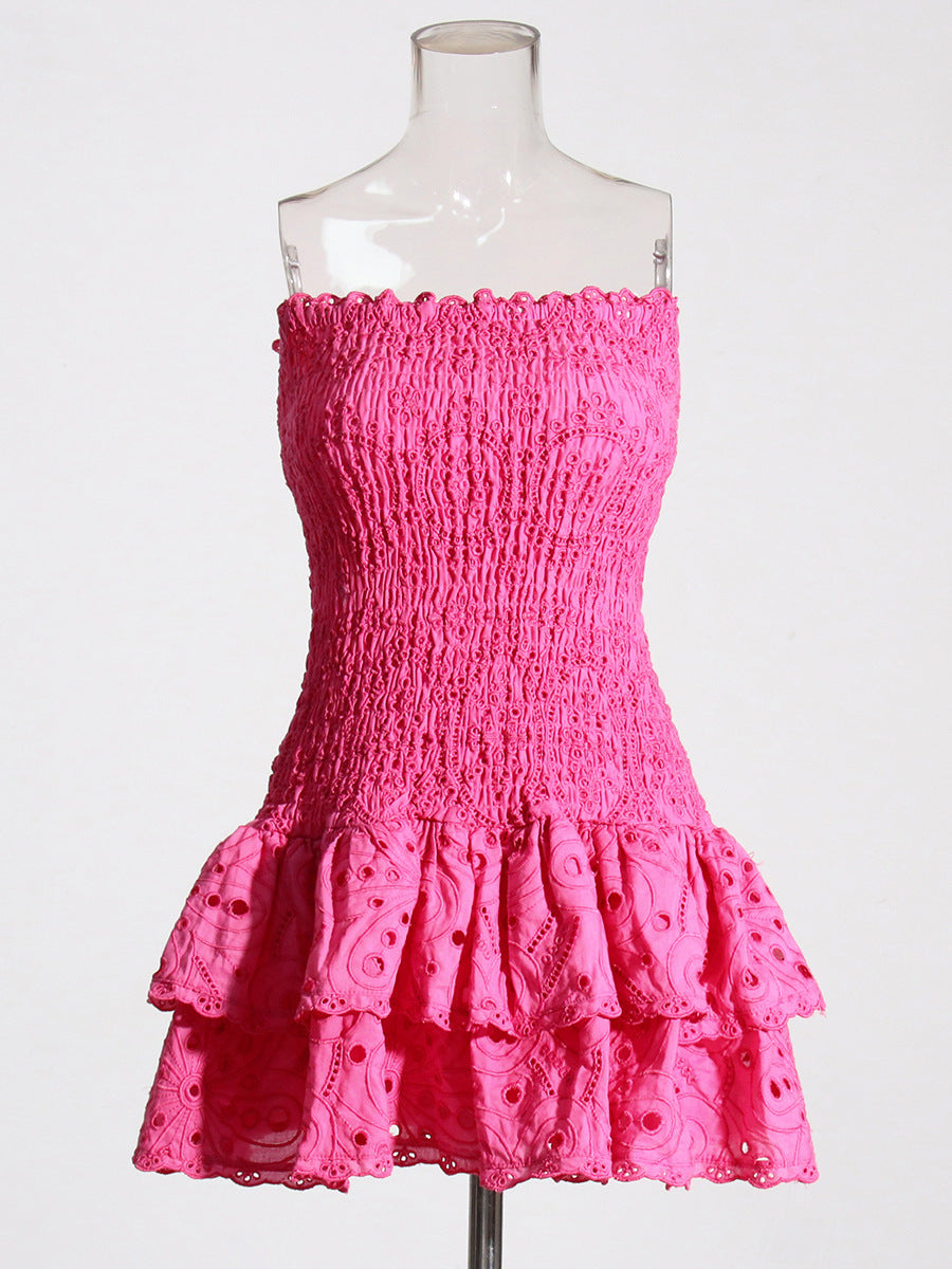 FUCHSIA EYELET STRAPLESS LAYERED MINI DRESS
