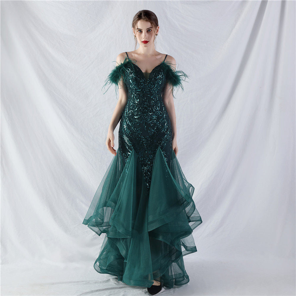 FEATHER SEQUIN STRAPLESS TULLE MAXI DRESS