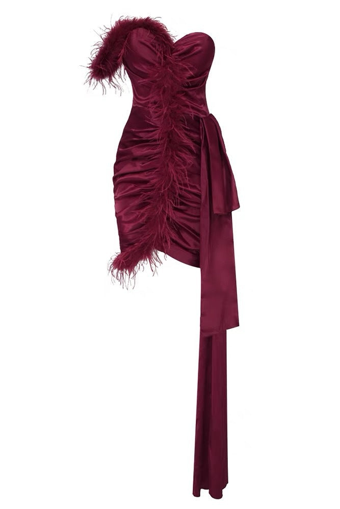 BURGUNDY FEATHER STRAPLESS MINI DRESS, PARTY