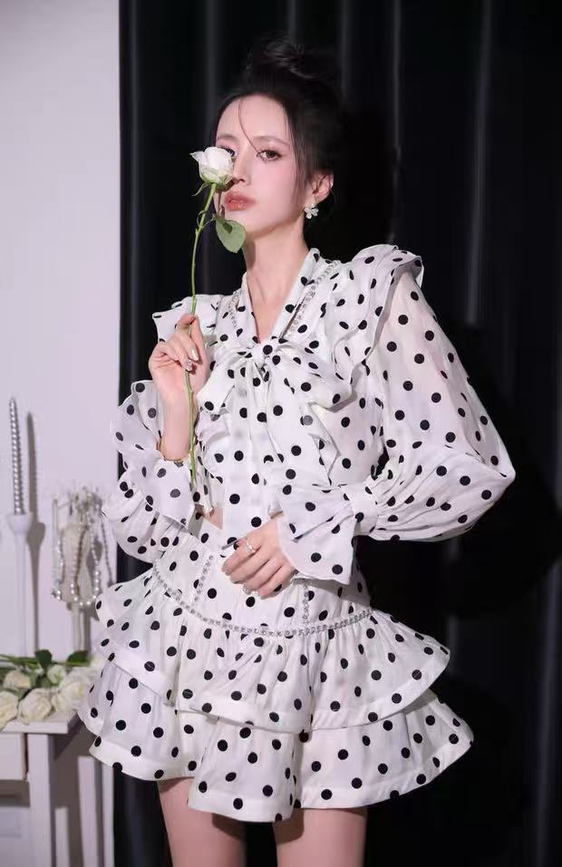 BLACK WHITE POLKA DOT PUFF SLEEVE DRESS FOR PARTY