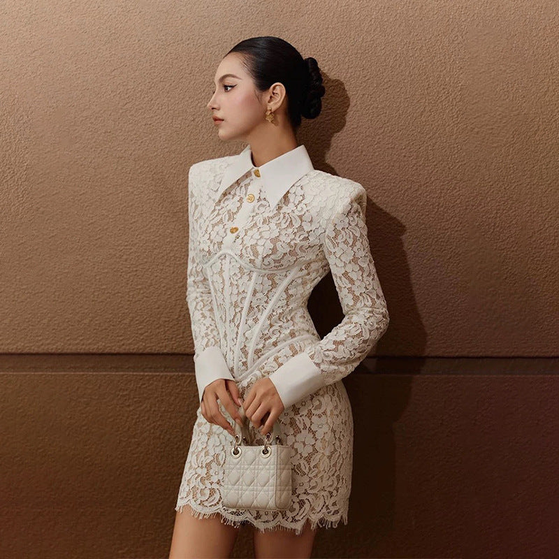 AALIYAH WHITE LACE BODYCON MINI DRESS, LONG SLEEVE