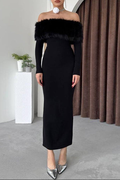 SUSIE FURRY BODYCON MIDI DRESS BLACK PARTY