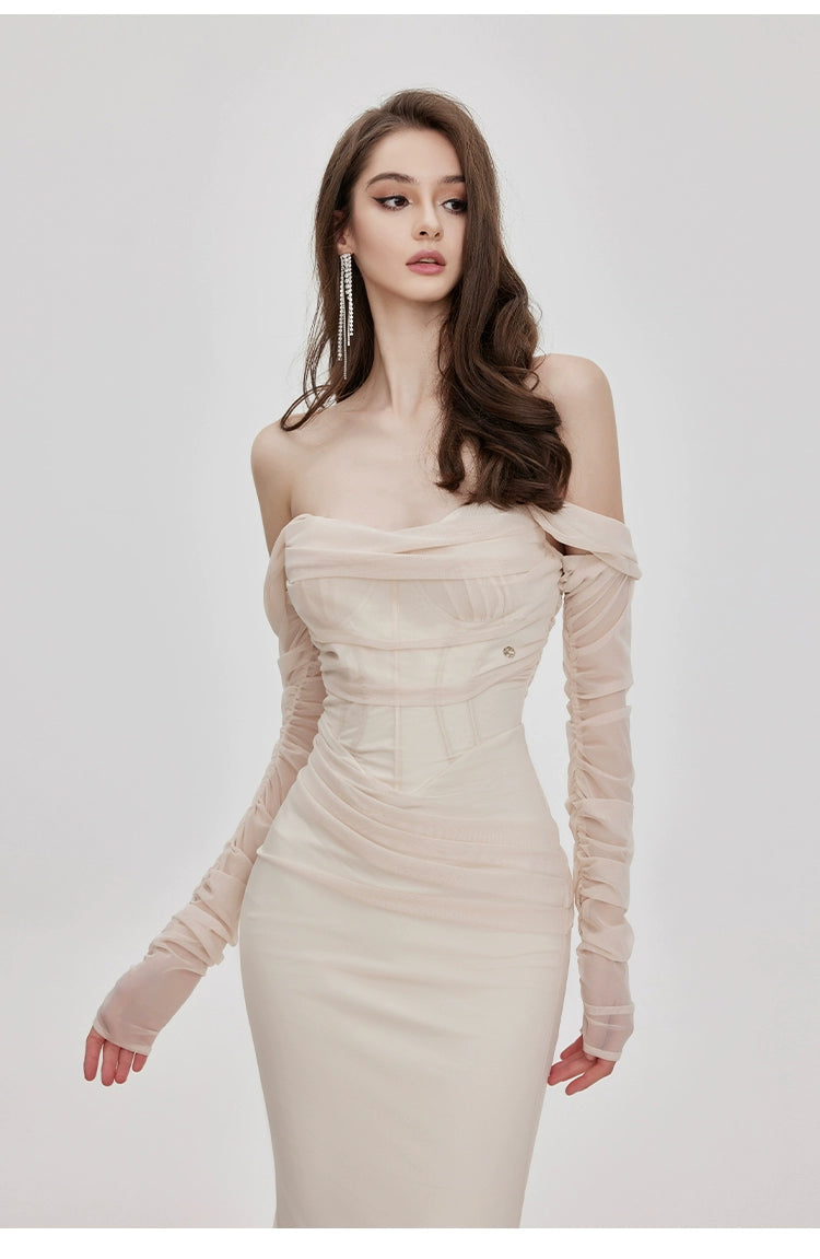 ARIEL APRICOT MESH OFF-SHOULDER MERMAID MAXI DRESS