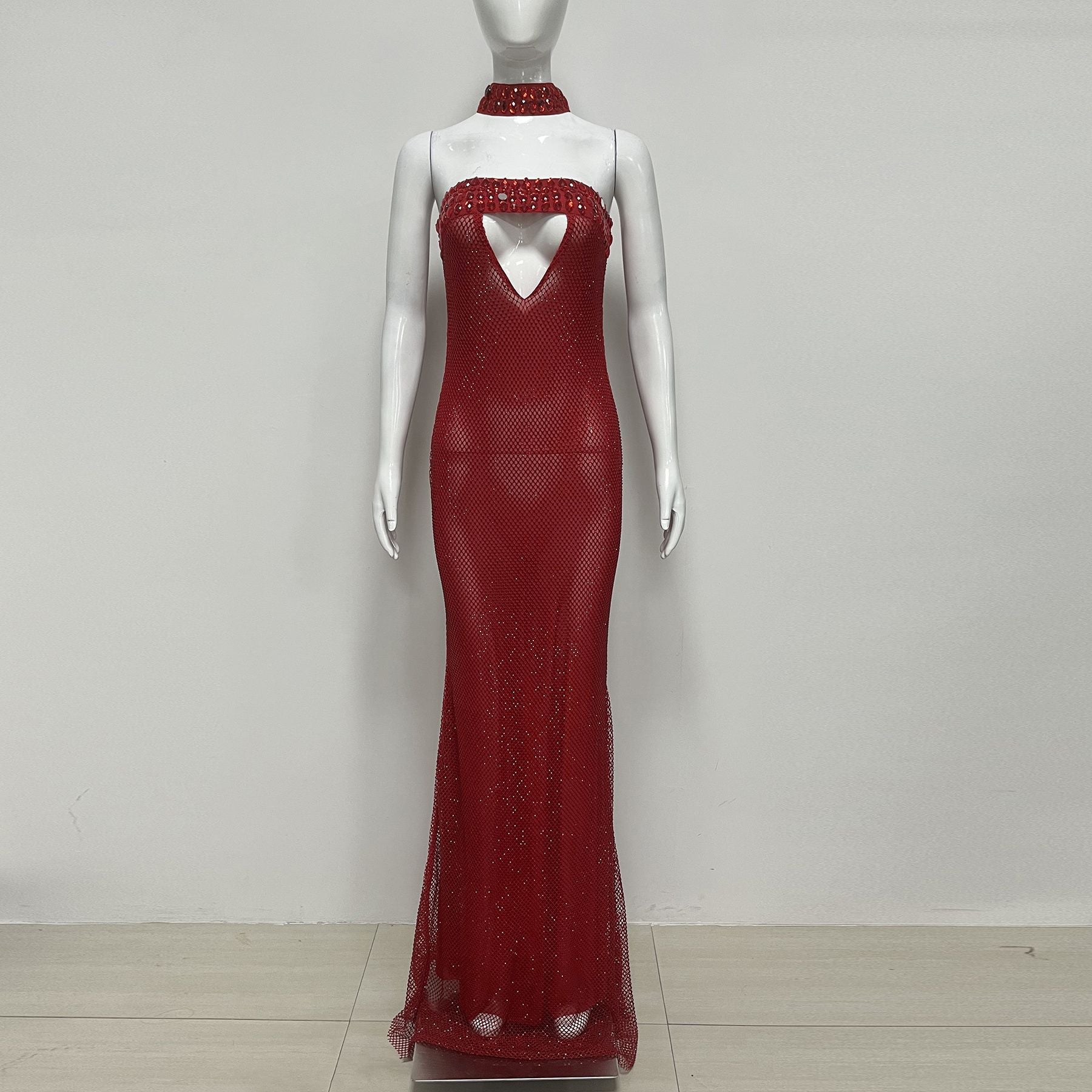SHERRY SEQUIN STRAPLESS MAXI DRESS RHINESTONE RED
